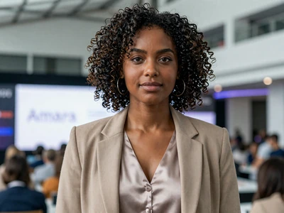 Woman in business-casual attire at a tech conference venue