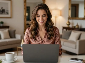 Latina woman on a video call in a luxury apartment