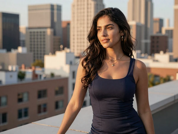 Female plastic surgeon enjoying a weekend evening on a city rooftop