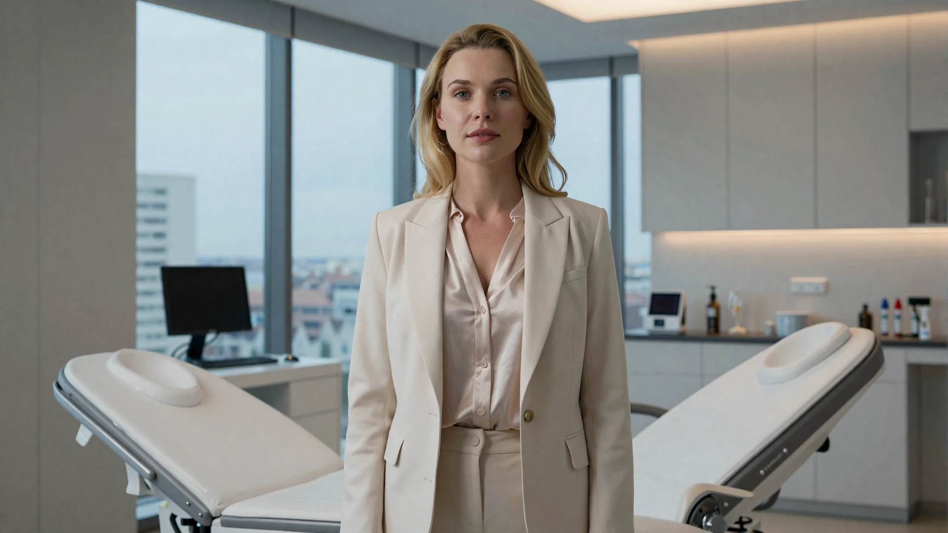 Female plastic surgeon in premium everyday fashion standing in a luxury medical spa