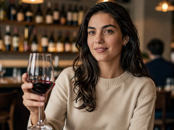 Woman in a cashmere sweater enjoying wine at an upscale bar after work