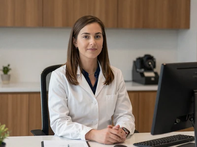 Female internist at her desk in a modern clinic