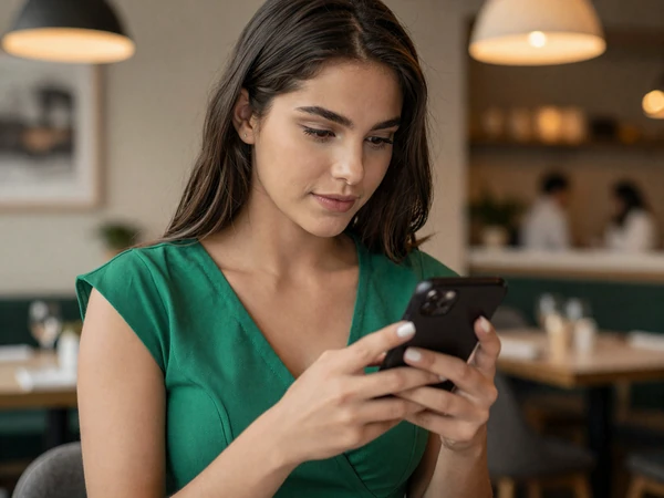 Woman checking her phone at an upscale restaurant