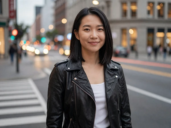 Woman in a leather jacket at a city street corner in the evening