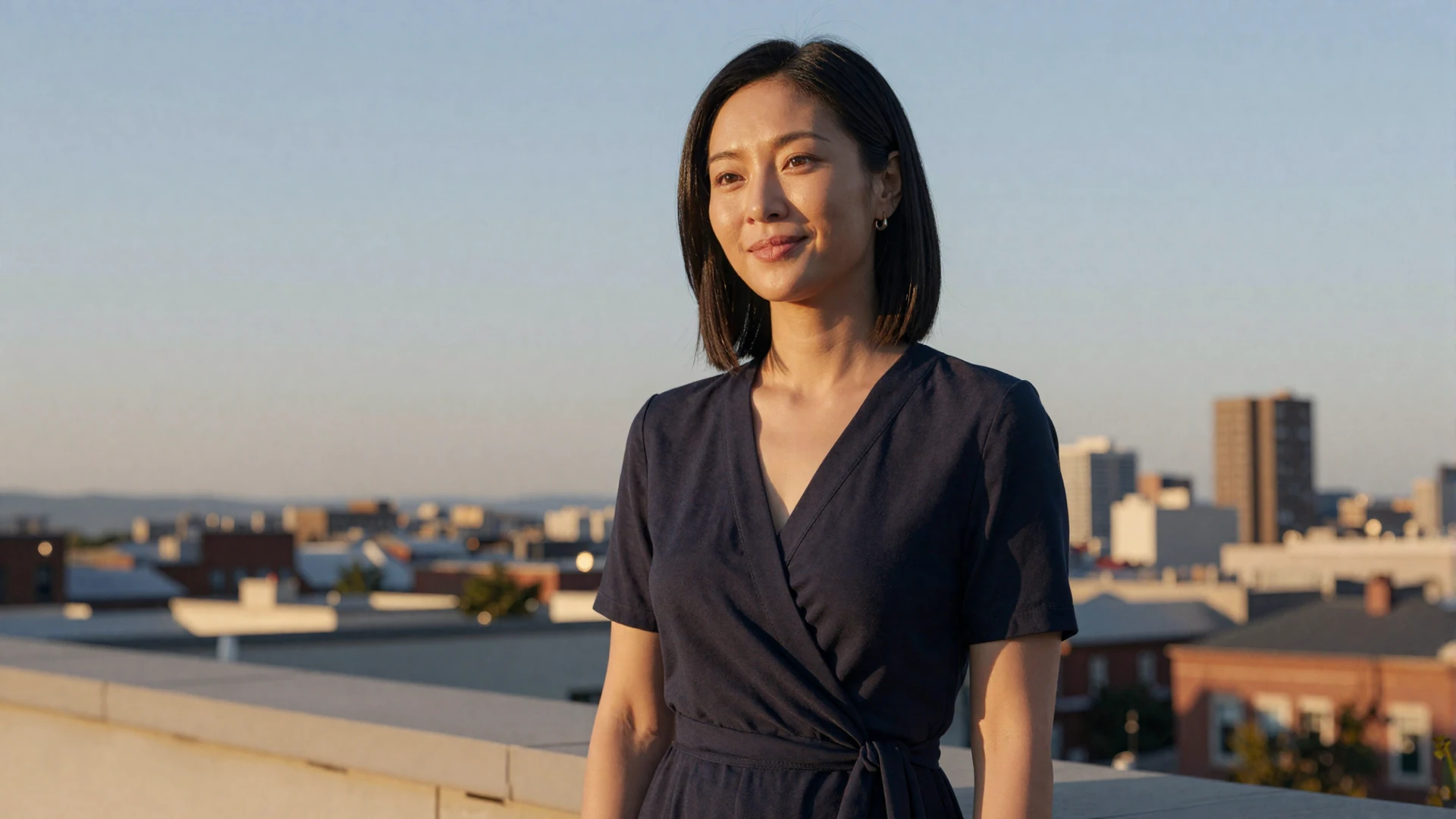 Female emergency nurse in a modern dress on a city rooftop at golden hour