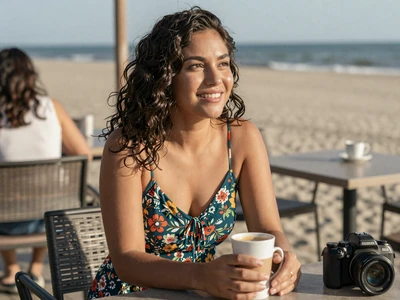 Latina woman in a sundress at a beachside cafe