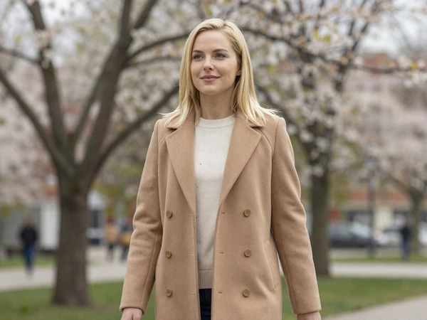 Woman in an elegant coat walking through a park in early spring