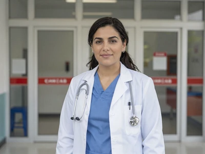 Latina ER doctor at an emergency entrance