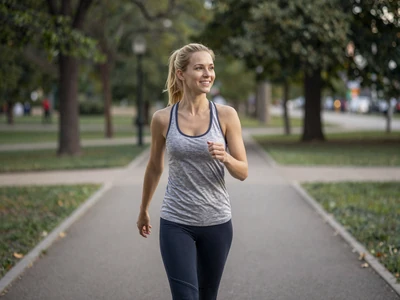 White woman in athleisure walking on a park trail