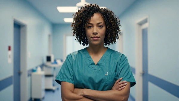 Black woman in teal scrubs standing confidently in a hospital corridor