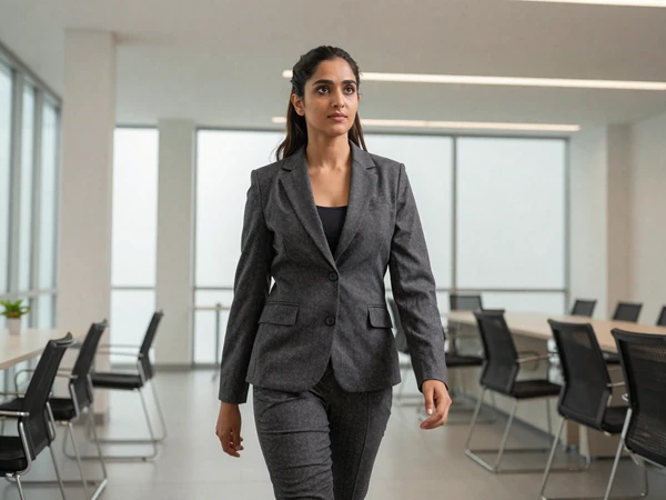 Female gastroenterologist walking through a modern medical conference hall