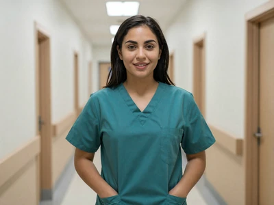 Latina female nurse in teal scrubs in a bright hospital hallway