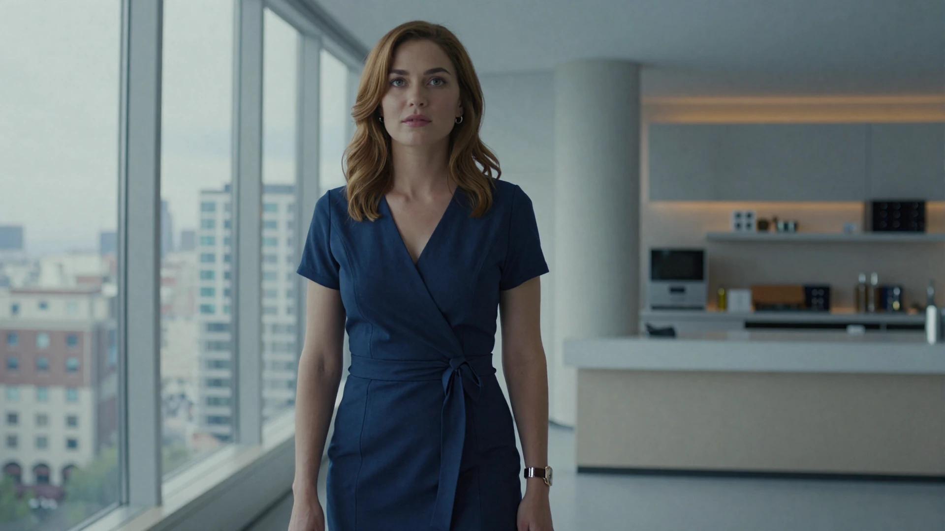 Female surgeon in an elegant navy dress standing in a bright luxury apartment overlooking the city