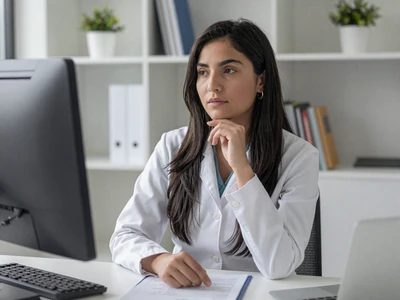 Latina female endocrinologist at her desk