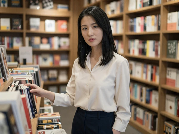Female physical therapist in smart casual attire browsing books in an upscale bookstore on her day off