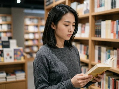 Asian woman browsing books in a modern bookstore