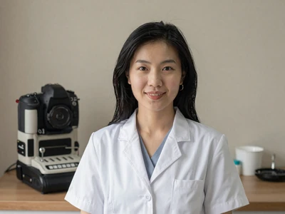 Asian female dermatologist in a bright exam room