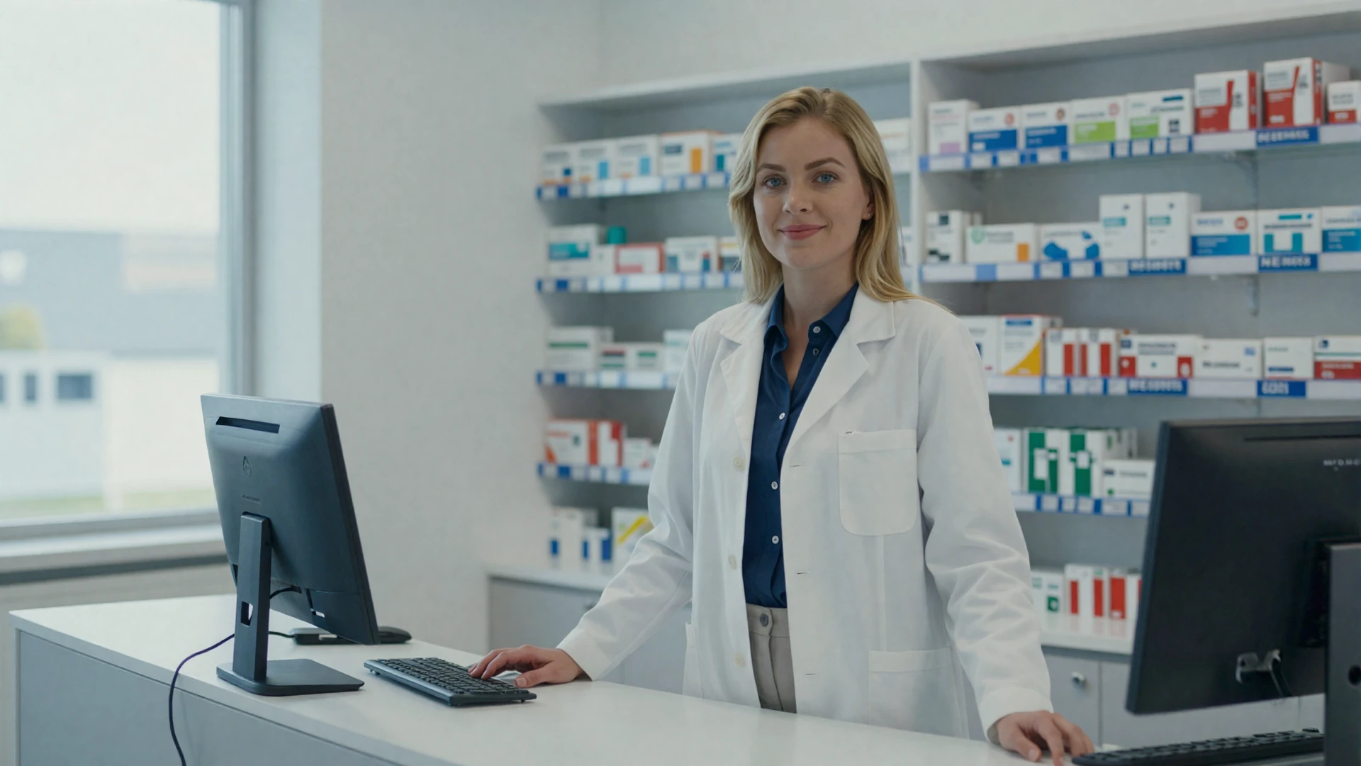 Female pharmacist in a white lab coat smiling behind a modern pharmacy counter