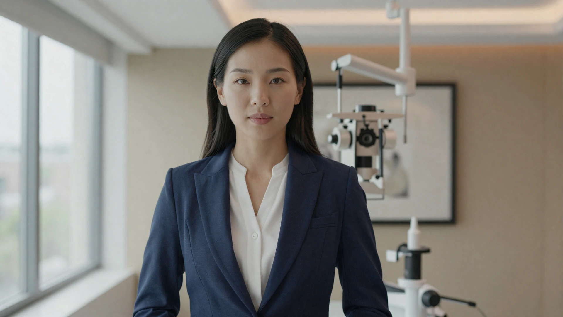 Female ophthalmologist in a navy blazer standing in a modern optical clinic