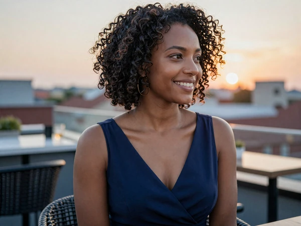 Black woman in an elegant dress smiling at a rooftop bar at sunset