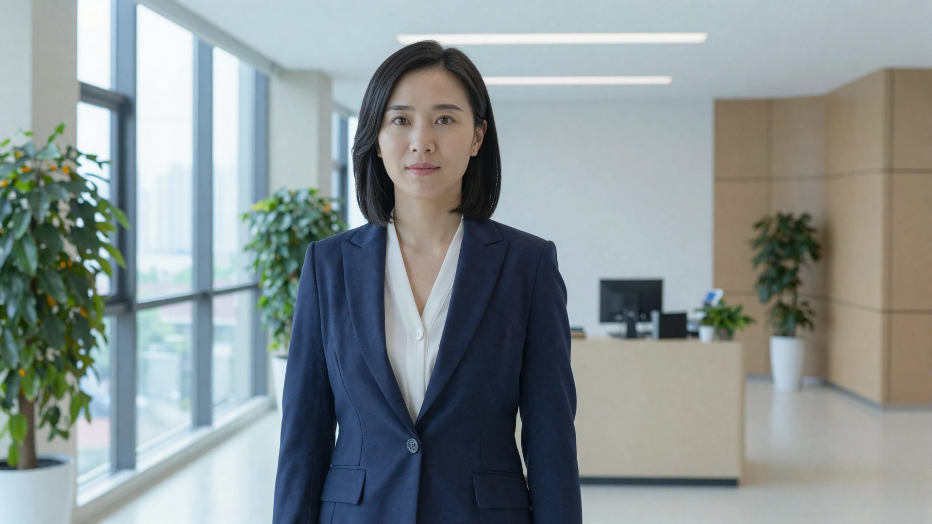 Female nurse midwife in a navy blazer standing in a bright modern women's health clinic