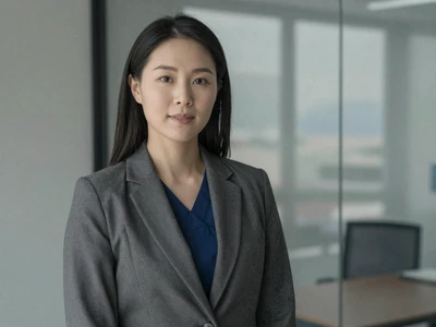 Female surgeon in a charcoal blazer in a modern office