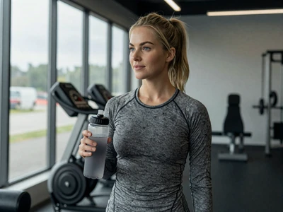 Woman in athletic wear at a modern gym holding a water bottle
