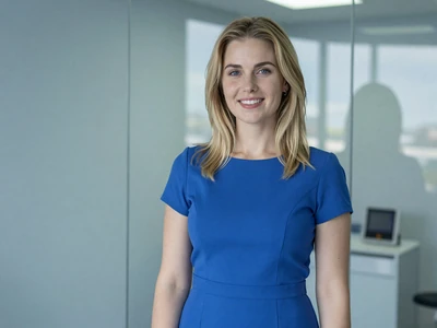 Woman in a blue dress standing in a bright modern medical office