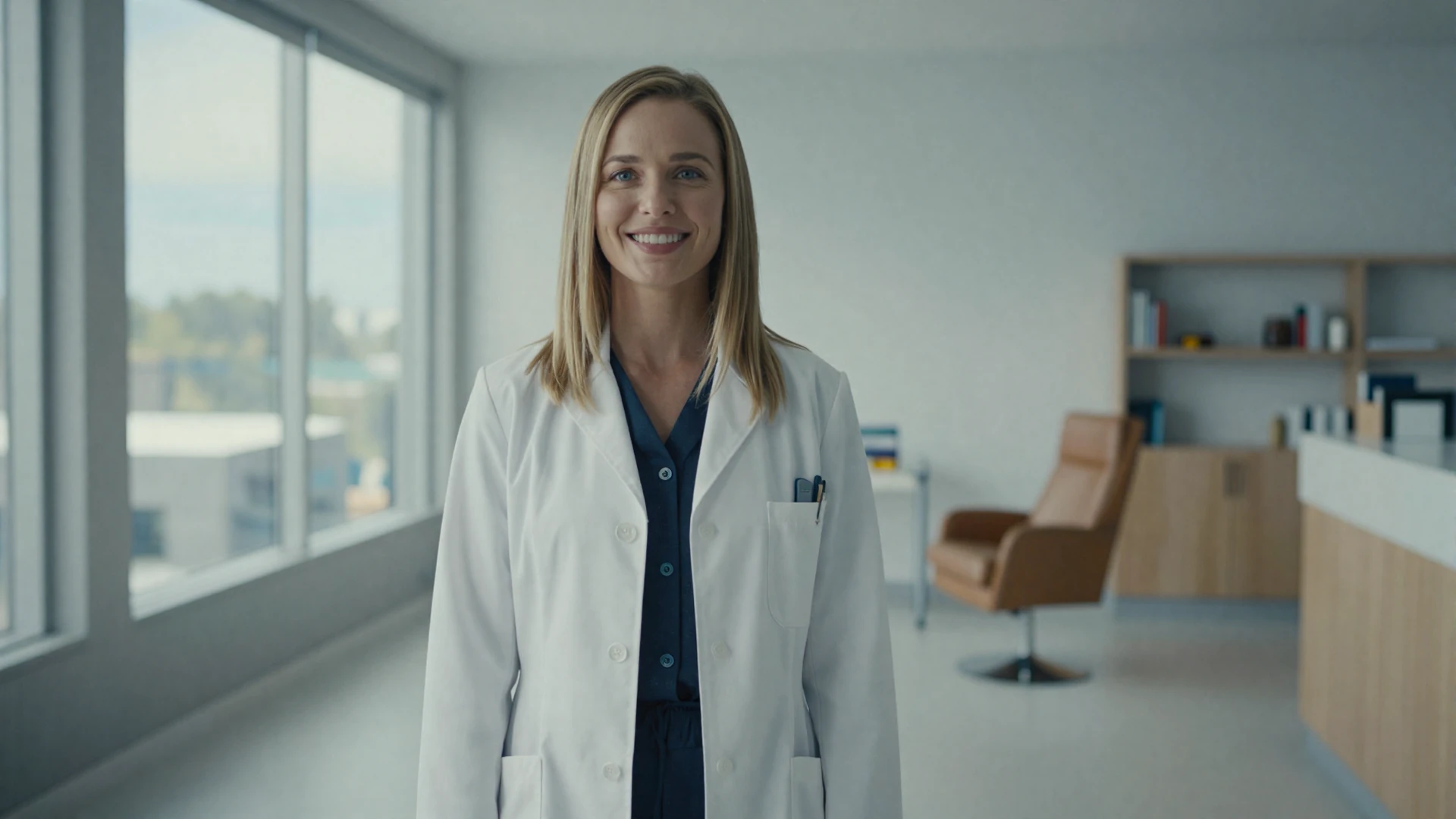 Female nurse practitioner in a white lab coat standing confidently in a bright modern medical office