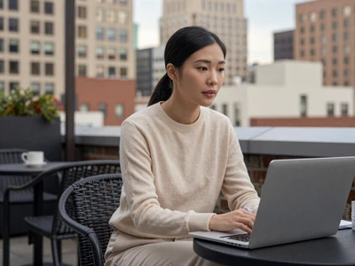 Asian female nurse practitioner working on a laptop at a rooftop cafe with city skyline