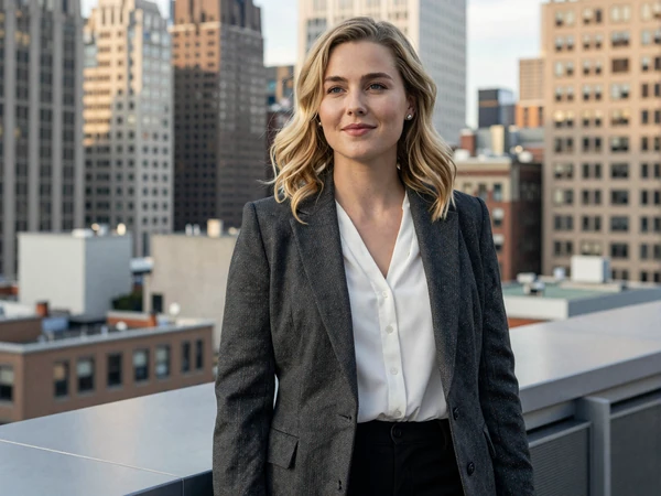 Woman in a fitted blazer on a city rooftop at golden hour