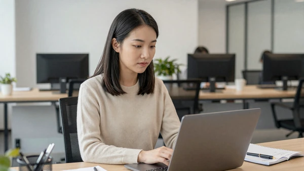 Asian woman in business-casual attire working at a modern desk with a laptop