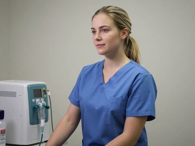 White female respiratory therapist near oxygen equipment