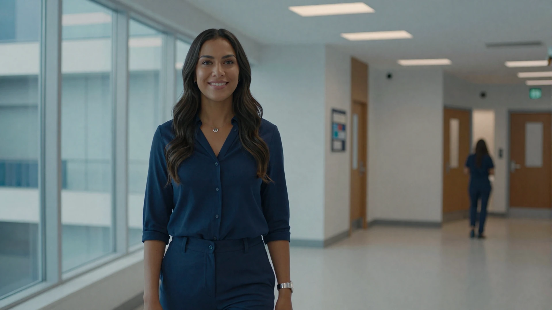 Female obstetrician in smart casual attire smiling in a modern private clinic lobby