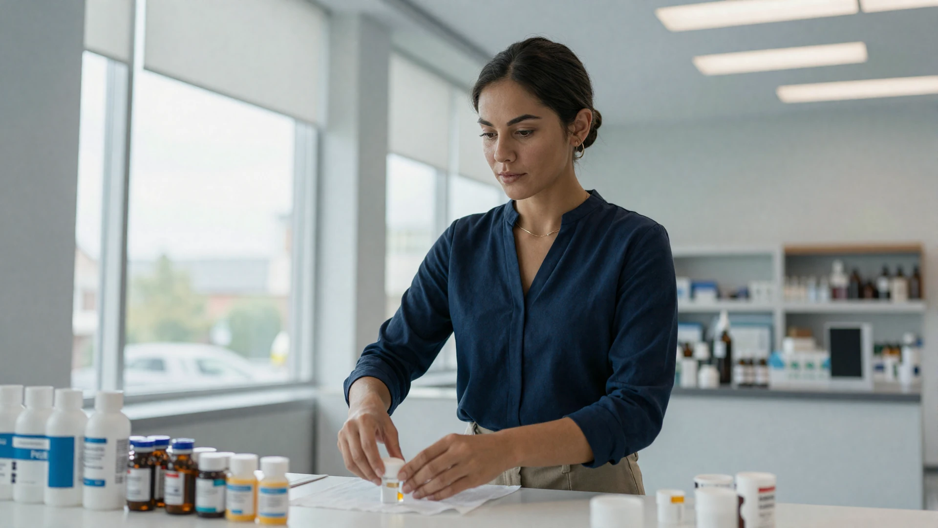 Female medical assistant in smart casual attire organizing supplies in a bright modern clinic