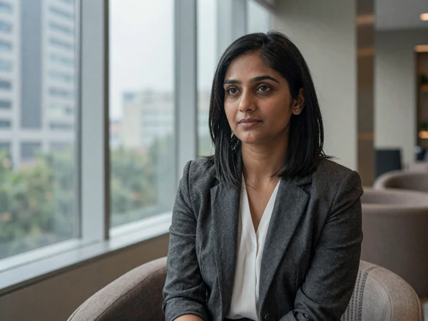 Female pulmonologist in a blazer sitting in a modern hotel lobby