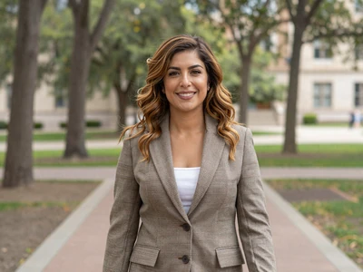 Woman in a blazer walking along a university campus pathway