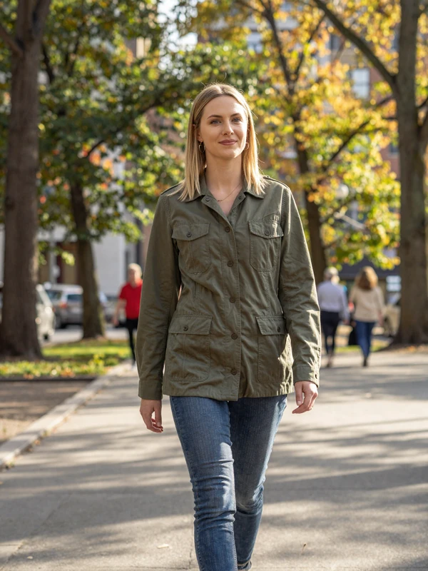 Female nurse practitioner walking through a city park in casual attire on a sunny afternoon