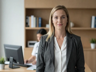 Female family doctor standing confidently in a modern primary care office