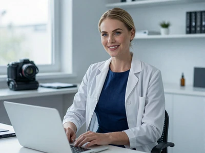 Female cardiologist in a navy dress at a modern clinic desk