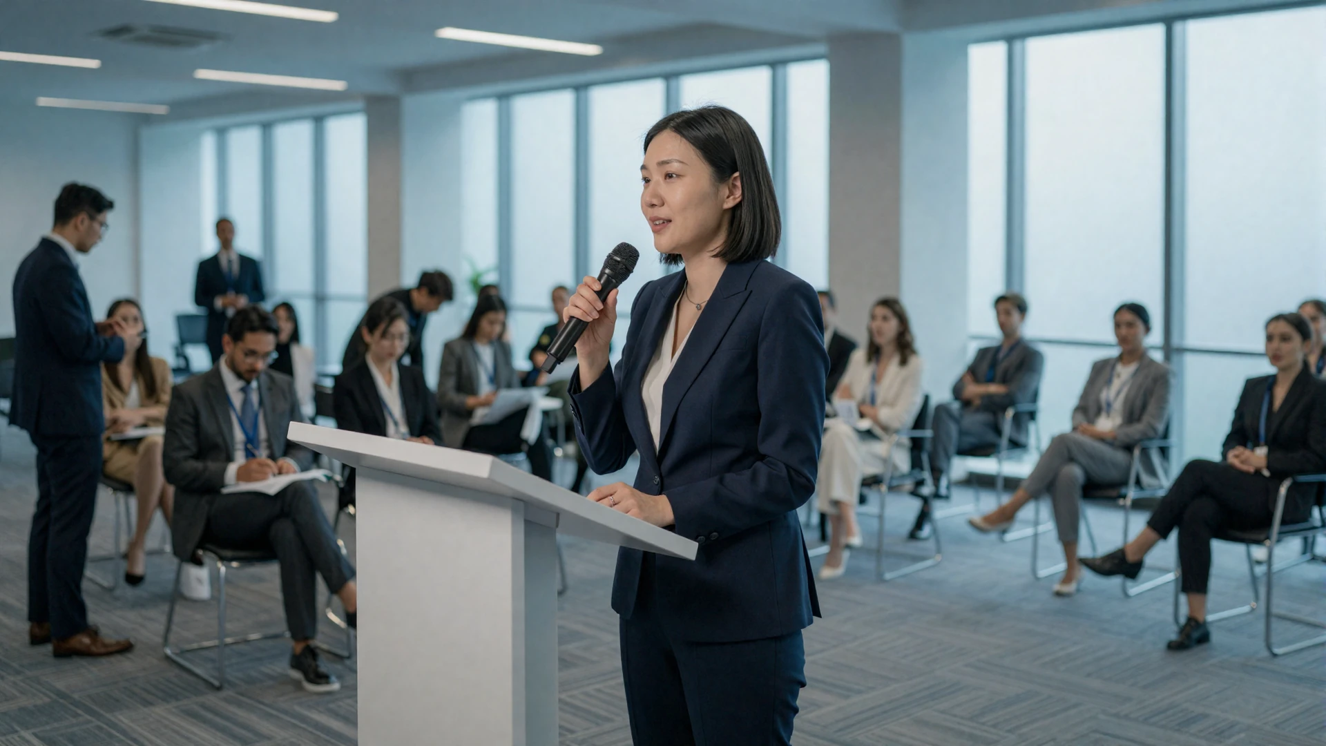 Female physician speaking at a modern healthcare networking conference