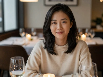 Woman in a cozy sweater at a candlelit dinner table