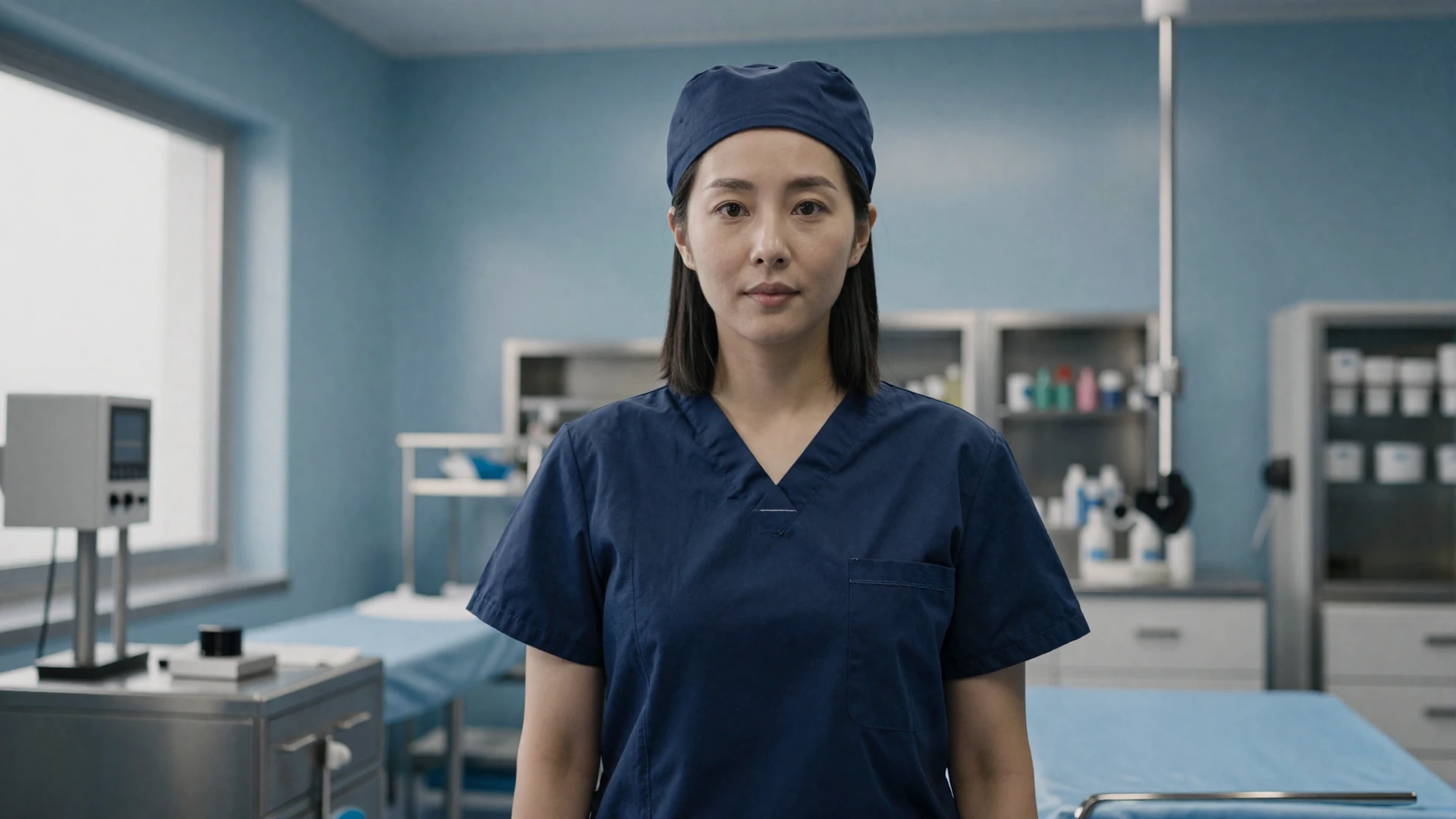 Female surgical nurse in navy scrubs standing confidently in a bright pre-operative room