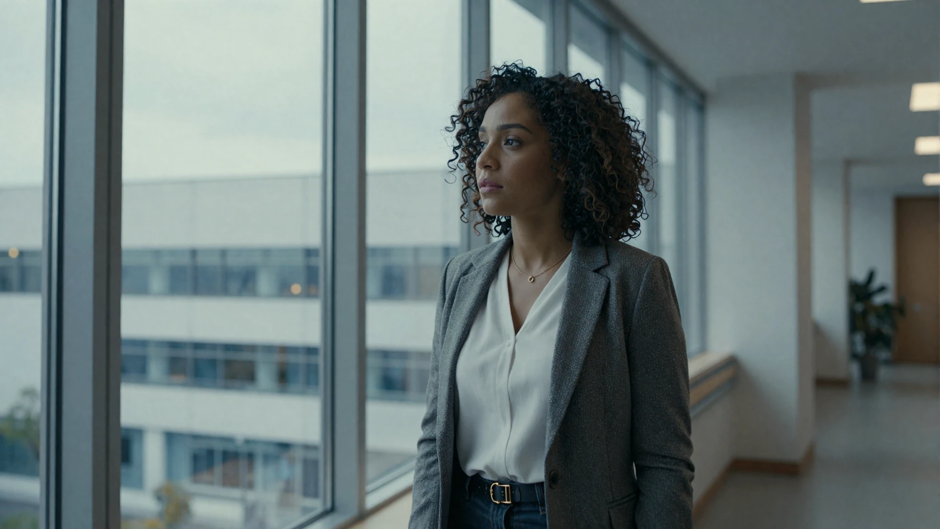 Female respiratory therapist in business casual attire looking thoughtfully out a large hospital window