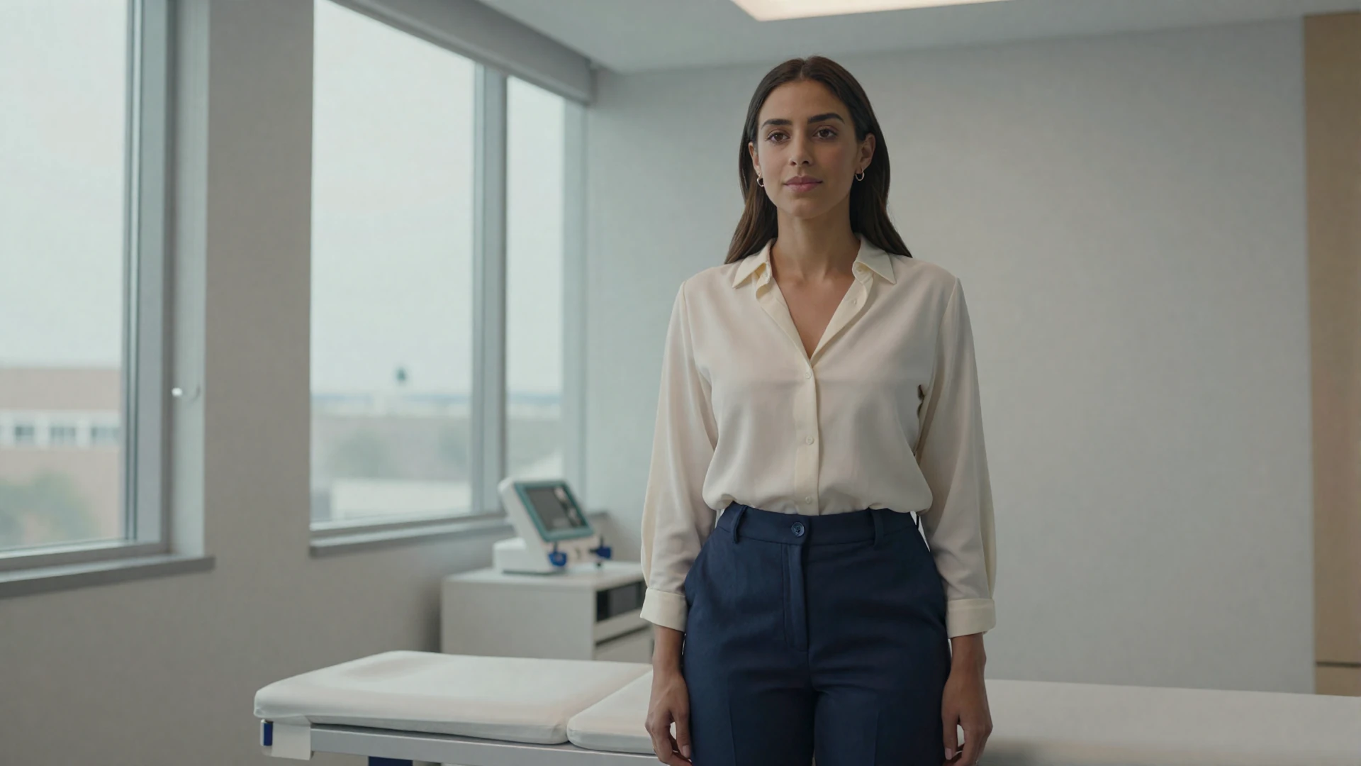 Female dermatologist standing confidently in a bright modern dermatology clinic