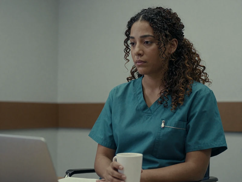Latina woman in teal scrubs sitting alone in a hospital break room holding coffee, reflective mood