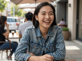 Asian woman laughing at an outdoor café table on a sunny afternoon
