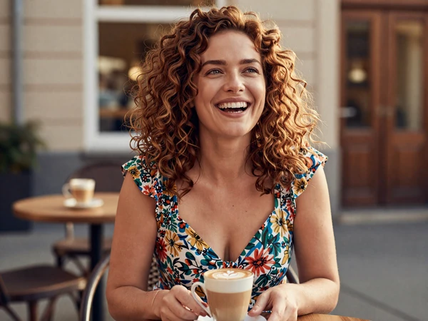 Woman in a floral dress laughing at an outdoor cafe table with a latte on a golden afternoon