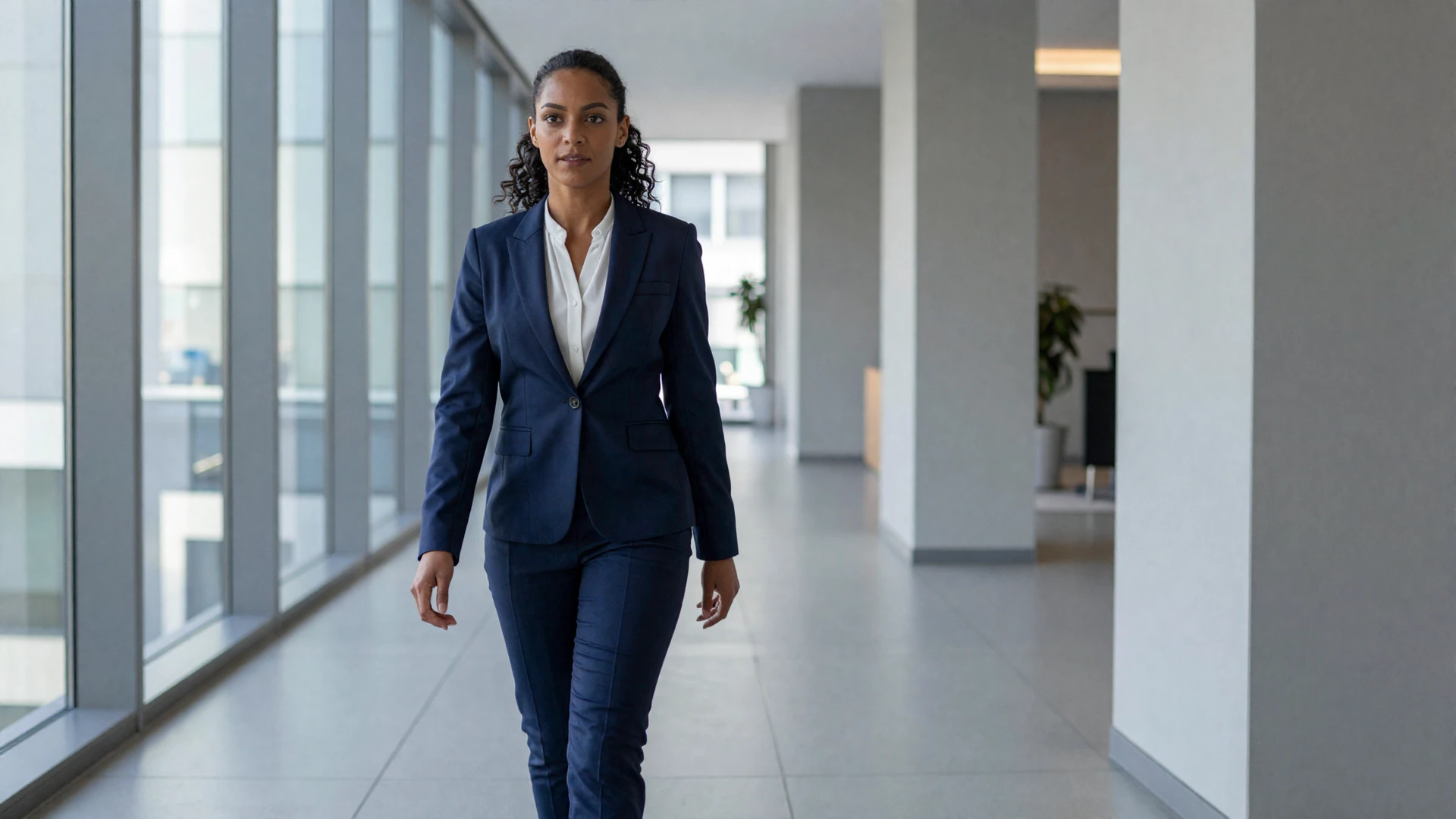 Confident Black woman in a navy suit walking through a modern corporate lobby