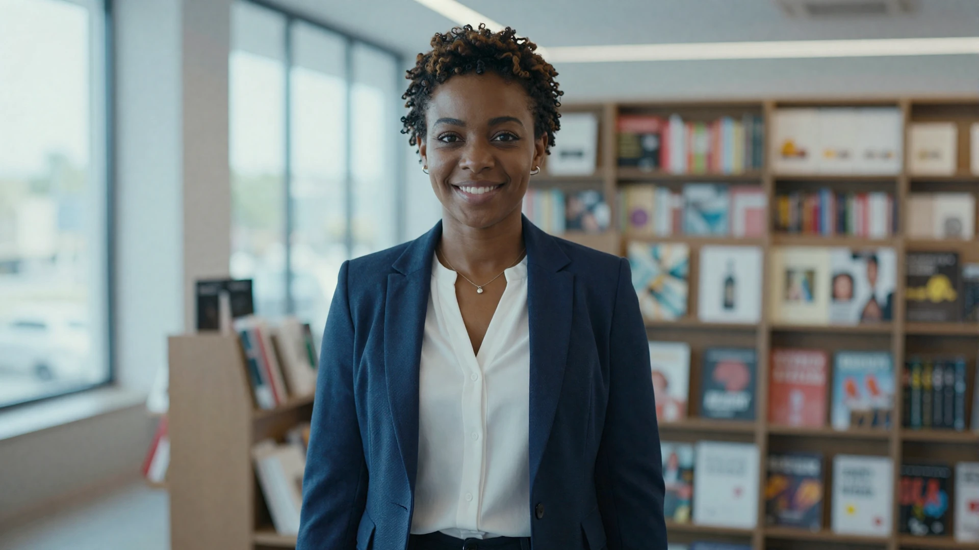 Female nephrologist in a navy blazer browsing books in a modern bookstore